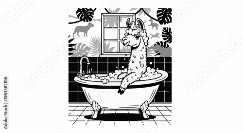 A llama relaxes in a bubble bath with jungle leaves and animal silhouettes on the walls