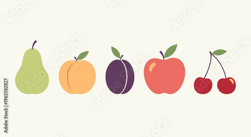 Assorted Fresh Fruits Lineup: Pear, Peach, Plum, Apple, Cherries, Healthy Food