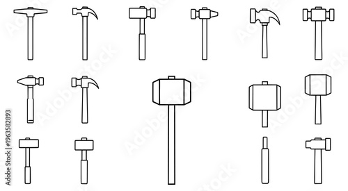 Black line drawings of various types of hammers