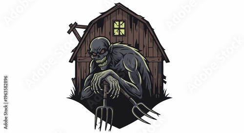 A monstrous creature with glowing eyes and sharp teeth stands in front of a dilapidated barn