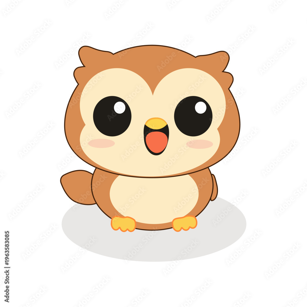 Fototapeta premium Friendly baby owl chick character in flat design style with bold outlines and a happy smiling face for nursery decor.