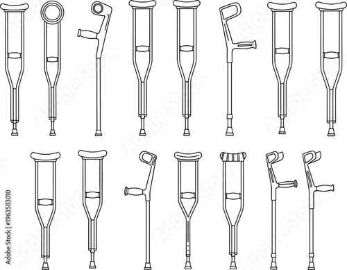 Vector illustration set of crutches in multiple ergonomic designs, including underarm and forearm styles, medical mobility aids for rehabilitation, healthcare, and walking support projects