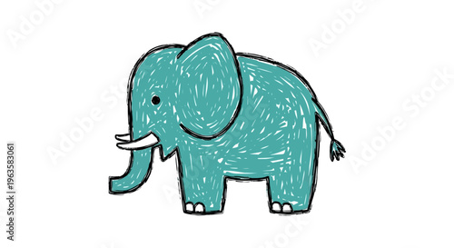Cute Teal Elephant Illustration, Hand Drawn Style, Isolated on White Background