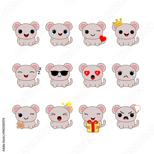 Set of small gray mouse character expressions featuring various emotions like joy, anger, love, and sleepiness in a flat design style.