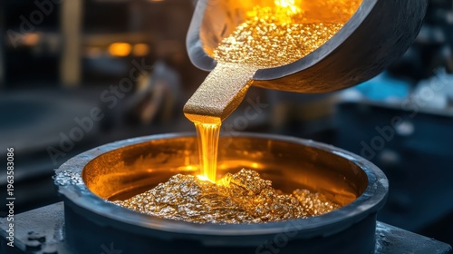 Molten gold being poured into a mold in a high-temperature industrial foundry, showcasing the process of metal casting and production.