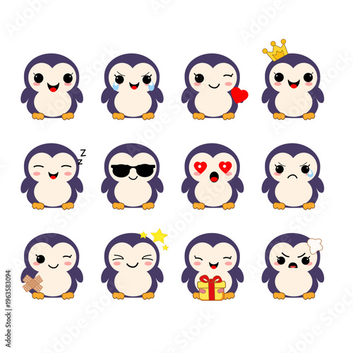 Set of penguin character expressions featuring various emotions including joy, anger, love, and sleepiness in a flat design style.