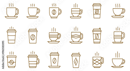 Line icons of various coffee cups and mugs