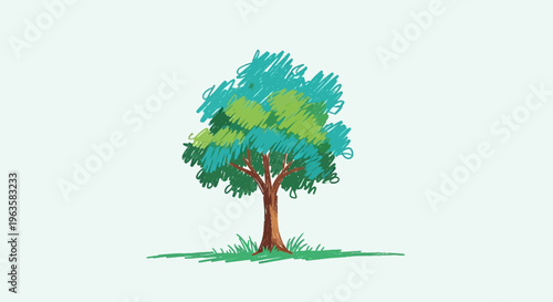 Hand Drawn Tree with Green and Teal Leaves on White Background