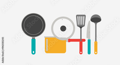 Kitchen Utensils and Cookware Flat Design: Frying Pan, Pot, Spatula, Knife, Ladle
