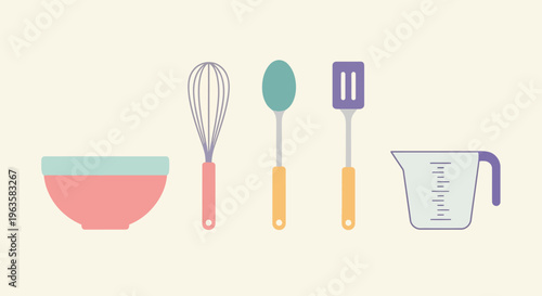 Baking Utensils Flat Design: Bowl, Whisk, Spoon, Spatula, Measuring Cup