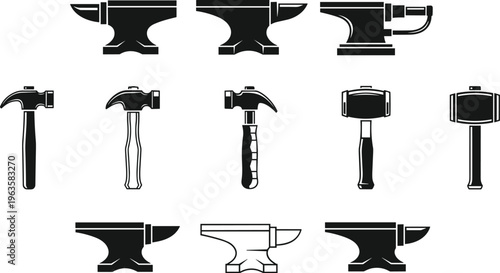 Black silhouette vector set of anvils and hammers, traditional blacksmithing tools collection, minimalist design for crafts, industry, logos, and educational projects