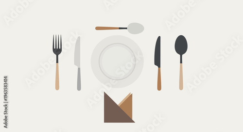 Minimalist Table Setting: Plate, Cutlery, Napkin - Top View, Flat Lay