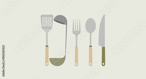 Kitchen Utensils Set: Spatula, Ladle, Fork, Spoon, Knife on Light Background
