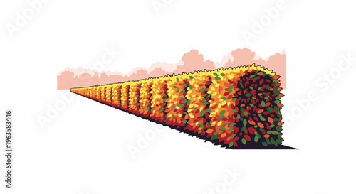 Autumnal hedge receding into distance under soft clouds