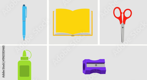 School Supplies Flat Lay: Pen, Open Book, Scissors, Glue, Sharpener