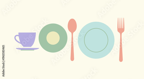 Minimalist flat lay of pastel tableware: cup, saucer, plates, spoon, fork