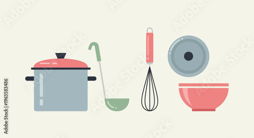 Kitchen Utensils Flat Design: Pot, Ladle, Whisk, Bowl, Lid