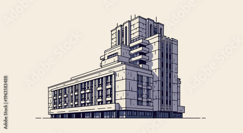 Geometric skyscraper with layered balconies against a pale background