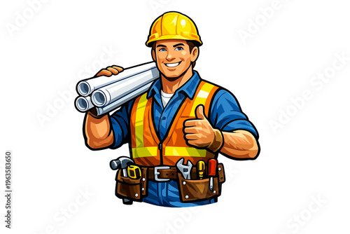 Construction worker stands with pipes and tools in hand while smiling and giving a thumbs up at a building site during daylight hours