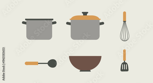 Kitchen Utensils Flat Design Set: Pots, Whisk, Ladle, Bowl, Spatula
