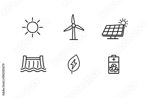 Renewable energy sources and symbols represent different ways to produce clean power
