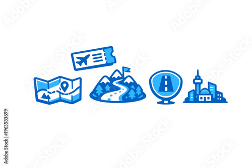Travel icons showing map, ticket, mountains, road, and city skyline without any people in a simple design