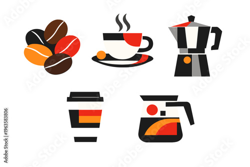 Coffee beans, cups, and brewing tools are shown in a simple design setup with various coffee-related elements in a flat style