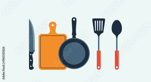 Kitchen Utensils and Cutting Board Flat Design Icons