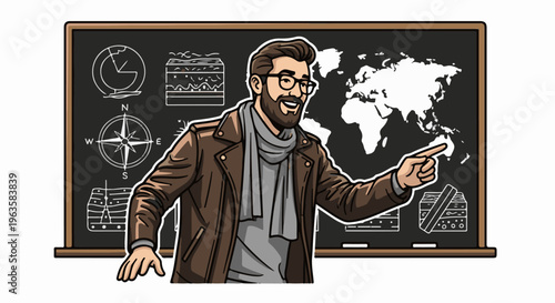 Bearded man in jacket points at world map on blackboard