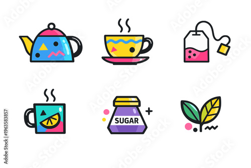 Colorful tea and coffee items on a white background showing tea kettle, cup, tea bag, mug, sugar jar, and leaves