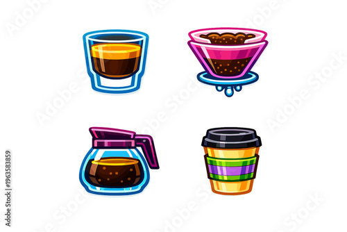 Different types of coffee drinks and brewing methods from around the world displayed in a colorful style