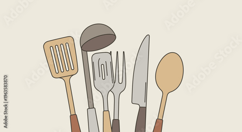 Kitchen Utensils Collection: Spatula, Ladle, Fork, Knife, Spoon