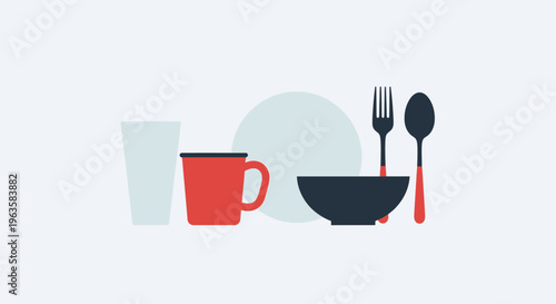 Modern Flat Design Tableware Set: Plate, Bowl, Mug, Glass, Fork & Spoon