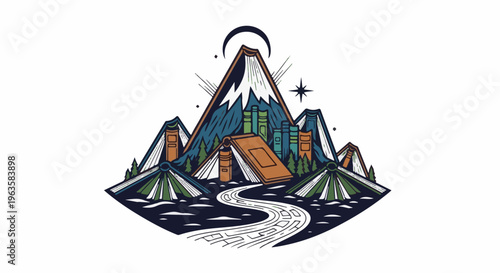 An open book forms a mountain range, with other books as hills