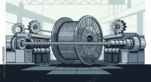 Industrial machinery with large spool and complex gears in a factory setting