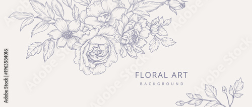 Luxury line art background with hand drawn flowers. Vector vintage design with a bouquet of flowers, branches, leaves for card, branding, wedding invitation, cover, wallpaper, save the date