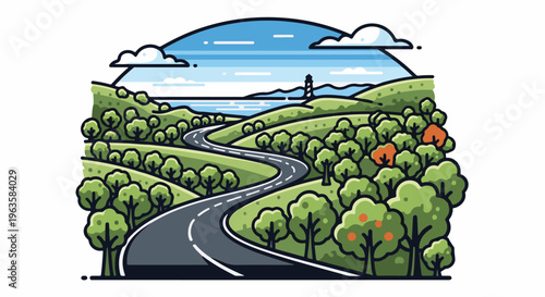 A winding road traverses rolling green hills dotted with trees, leading towards the sea