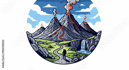 Active volcanoes erupt with lava flows near a waterfall and hiker