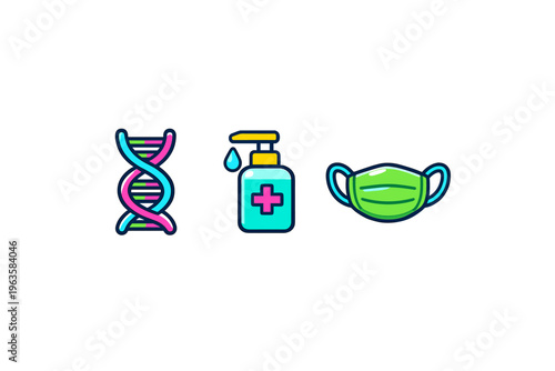Different health and safety items are shown including a DNA strand, hand sanitizer, and a medical mask