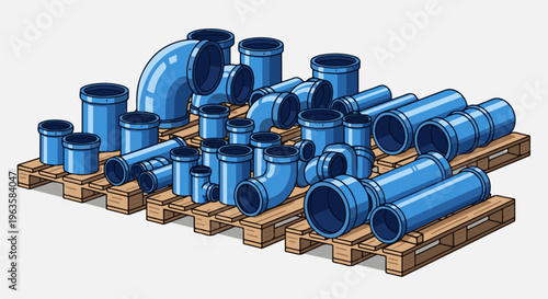 Isometric arrangement of blue pipes and fittings on wooden pallets