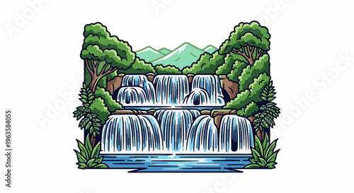 Lush forest with cascading waterfalls and distant green mountains