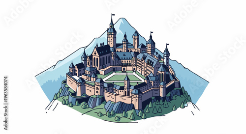 Isometric view of a fairy tale castle atop a rocky mountain peak