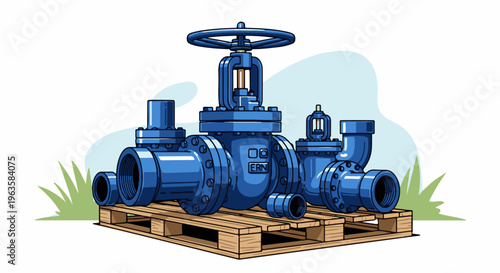 Industrial valves and pipe fittings displayed on a wooden pallet with grass accents