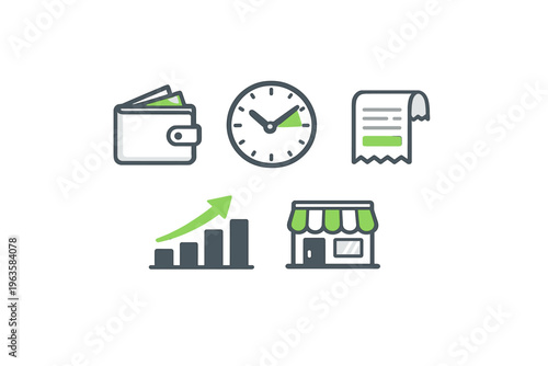 Business growth tools showing wallet, clock, receipt, chart, and store representing finance and time management