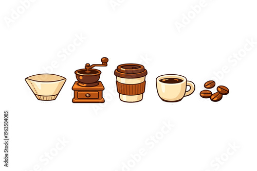 Coffee preparation process with coffee grinder, cup, and beans displayed on a white background