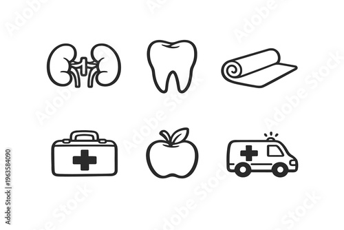 Health symbols showing organs, medical items, and nutrition in a simple design format for educational purposes