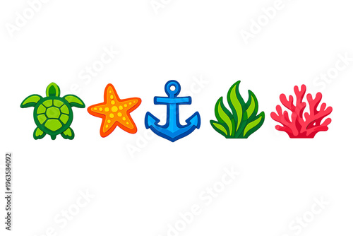 Different sea creatures and symbols displayed in a row showing marine life elements and underwater themes