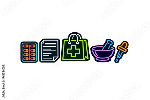 Icons showing medicine tools and health items including a pill pack, a prescription, a health bag, a bowl, and a dropper