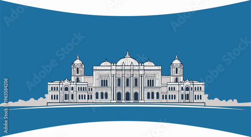 Ornate white building with domes and multiple windows against blue sky