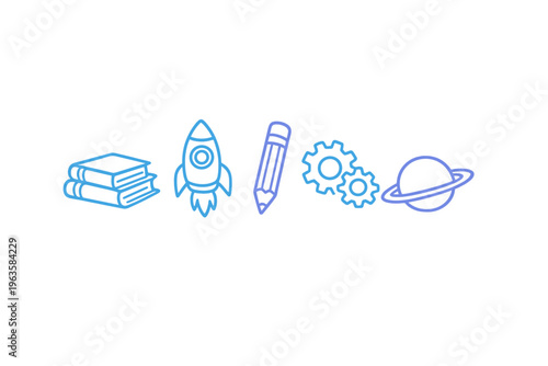 Activities showing education, science, and creativity among various objects like books, a rocket, a pencil, gears, and a planet